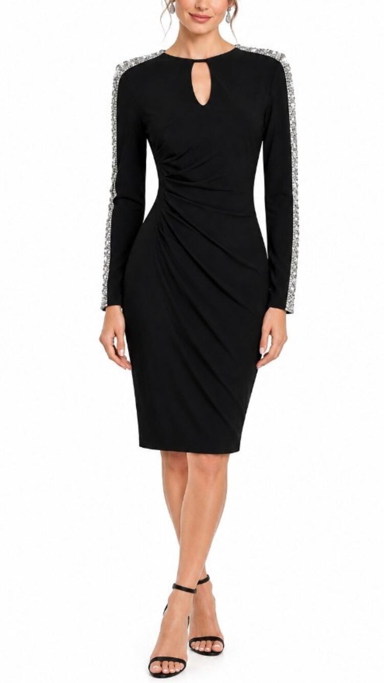AQUA Brand Black Cocktail Party Dress Beaded Long Sleeve Midi Sheath LBD Size 6